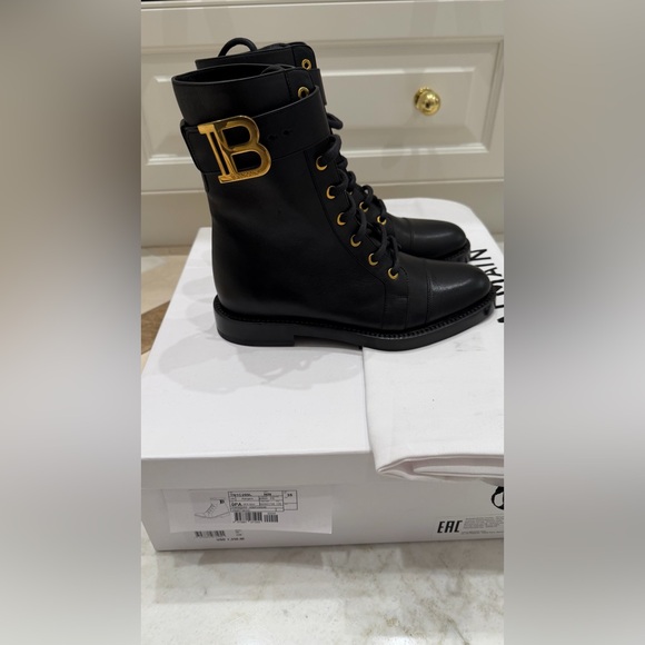 Balmain Shoes - Balmain Black Leather Combat Boots with Gold B Symbol; Size 35; Brand New in Box